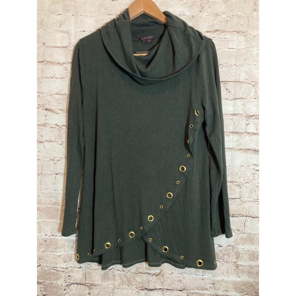 Fontana Top Womens Large Dark Olive Green Grommet Details Cowl Neck Lagenlook‎